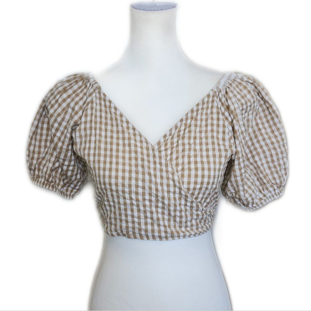 5/$55 Sim & Sam Tan & White Plaid V-neck  Puff Sleeve Smocked Back Crop Top, M